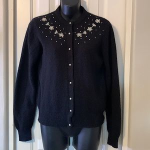 VGUC-black Large pearl button down cardigan sweater, pearl beaded embroidery